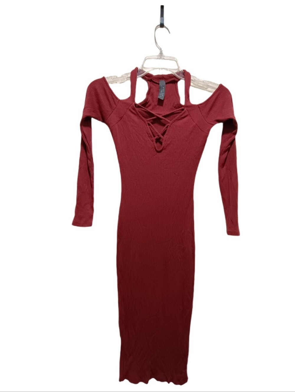 MAY PINK Burgundy Ribbed Cold Shoulder Lace-Up Midi Dress Long Sleeve Bodycon